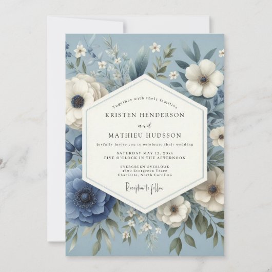 Slate Blue Serene Flora Wedding Kaart (Voorkant)