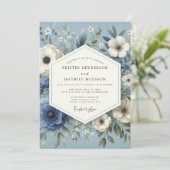 Slate Blue Serene Flora Wedding Kaart (Staand voorkant)