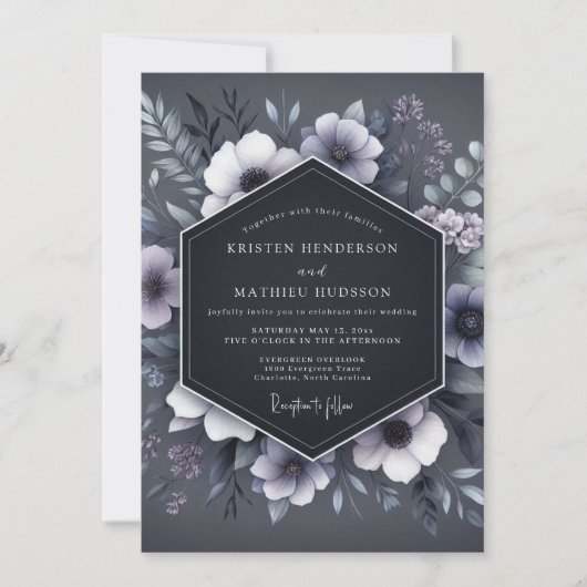 Slate Blue Shadowy Flora Wedding Kaart (Voorkant)