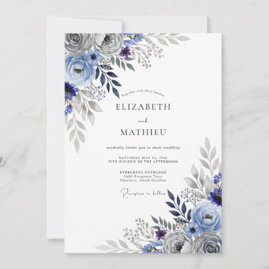 Slate Blue Striking Botanical Wedding Kaart (Voorkant)