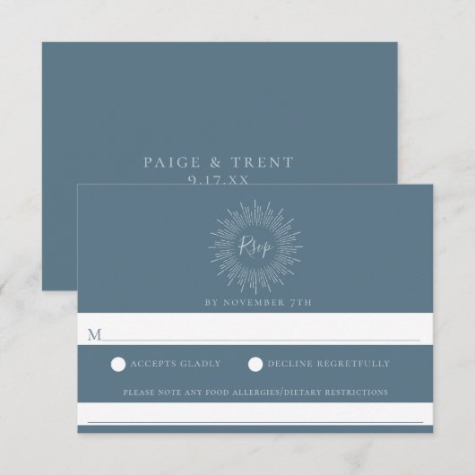 Slate Blue Sunburst Wedding Food Allergy RSVP (Voorkant / Achterkant)