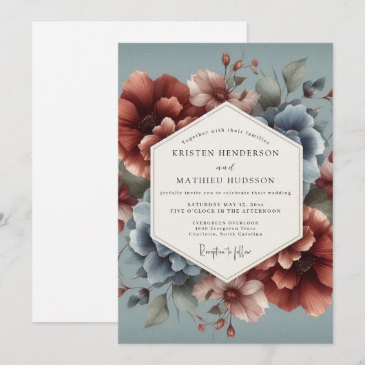 Slate Blue Terra Bloom Wedding Kaart (Voorkant / Achterkant)