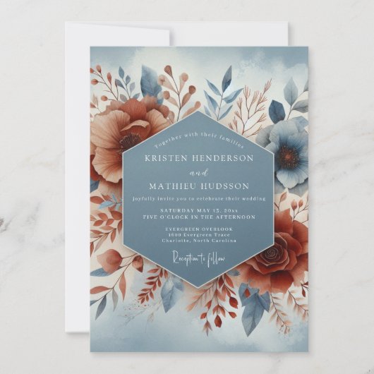 Slate Blue Terracotta Bloom Wedding Kaart (Voorkant)