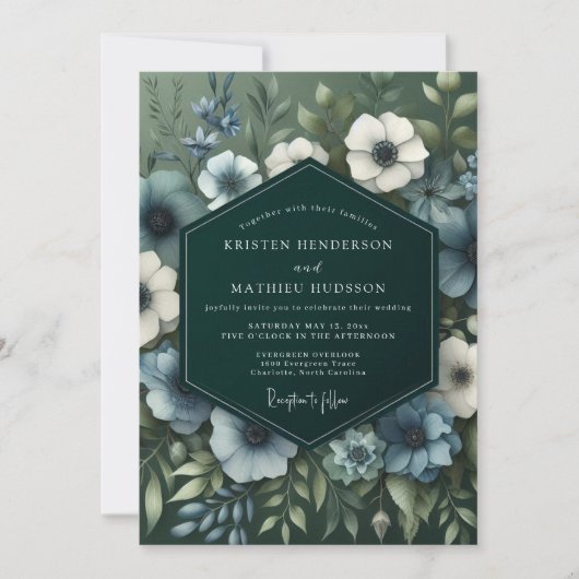 Slate Blue Verdant Bloom Wedding Kaart (Voorkant)