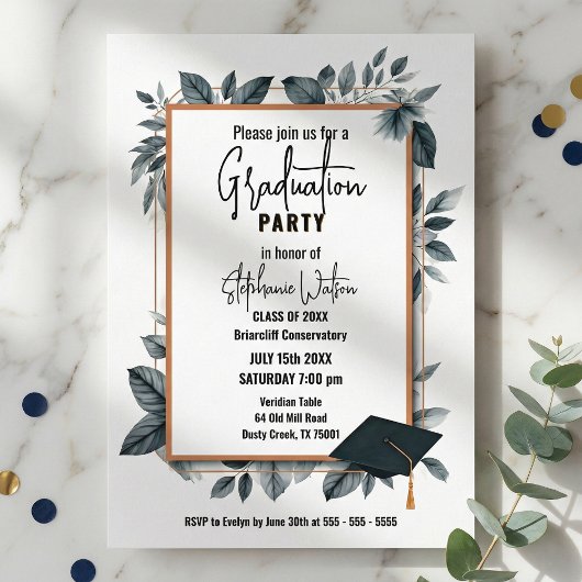 Slate Blue Watercolor Leaves Geometric Graduation Kaart