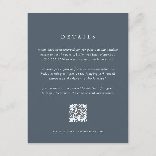 Slate Blue Wedding Details Kaart met QR-code (Voorkant)