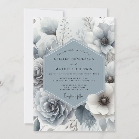 Slate Blue Whisper Bloom Wedding Kaart (Voorkant)