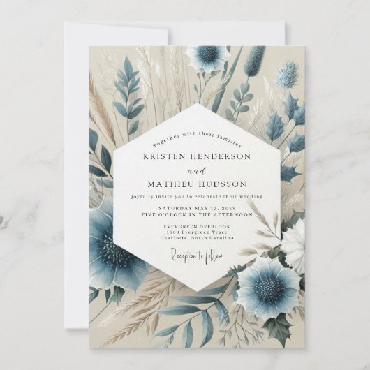 Slate Blue Whispering Bloom Wedding Kaart (Voorkant)
