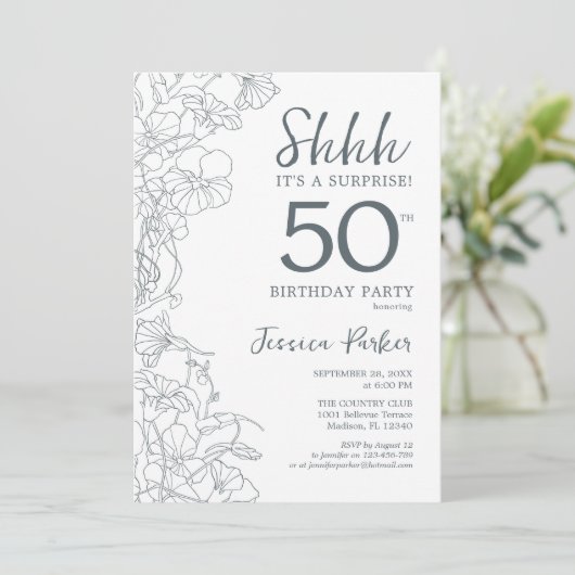 Slate Blue White Botanical Surprise 50th Birthday Kaart (Staand voorkant)