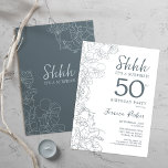 Slate Blue White Botanical Surprise 50th Birthday Kaart<br><div class="desc">Leistblauwe witte botanische verrassingen 50e verjaardag uitnodiging. Het minimalistische moderne feministische ontwerp kenmerkt botanische accenten en typografische manuscriptdoopvont. Eenvoudige bloemige uitnodigingskaart perfect voor een stijlvol vrouw verrassingsfeest.</div>