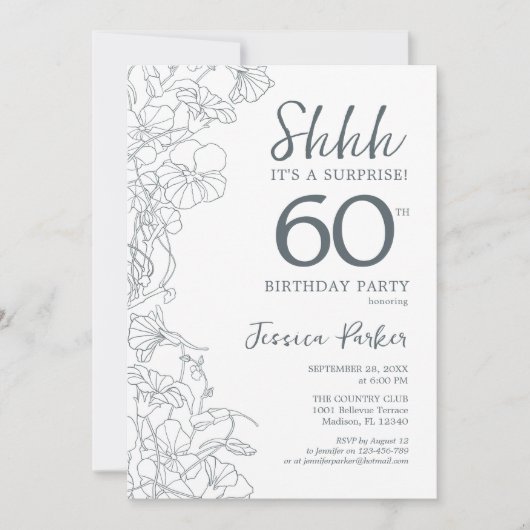 Slate Blue White Botanical Surprise 60th Birthday Kaart (Voorkant)