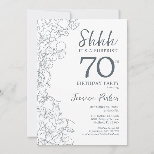 Slate Blue White Botanical Surprise 70th Birthday Kaart (Voorkant)