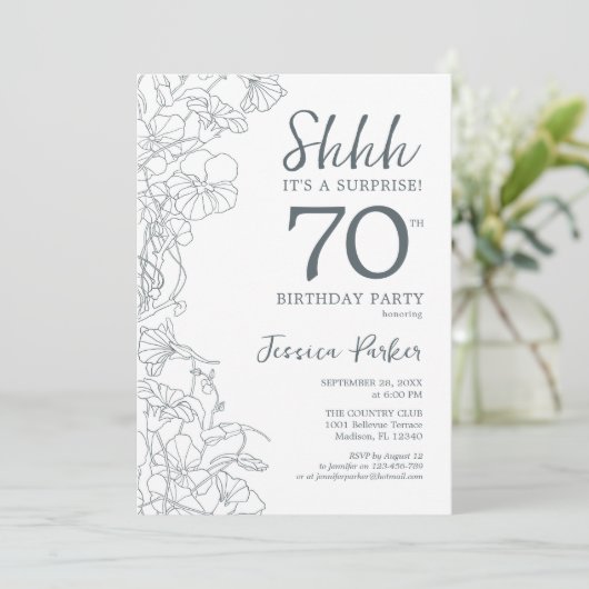 Slate Blue White Botanical Surprise 70th Birthday Kaart (Staand voorkant)