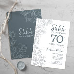 Slate Blue White Botanical Surprise 70th Birthday Kaart<br><div class="desc">Leistblauwe witte botanische verrassingen 70e verjaardag uitnodiging. Het minimalistische moderne feministische ontwerp kenmerkt botanische accenten en typografische manuscriptdoopvont. Eenvoudige bloemige uitnodigingskaart perfect voor een stijlvol vrouw verrassingsfeest.</div>