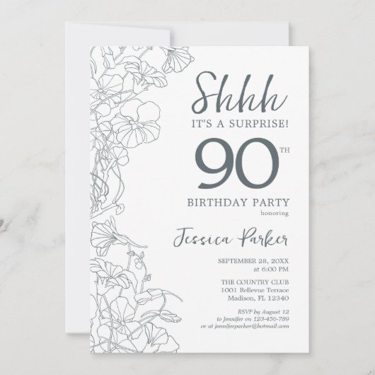 Slate Blue White Botanical Surprise 90th Birthday Kaart (Voorkant)