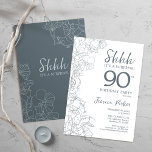 Slate Blue White Botanical Surprise 90th Birthday Kaart<br><div class="desc">Leistblauw-witte botanische verrassing 90e verjaardag uitnodiging. Het minimalistische moderne feministische ontwerp kenmerkt botanische accenten en typografische manuscriptdoopvont. Eenvoudige bloemige uitnodigingskaart perfect voor een stijlvol vrouw verrassingsfeest.</div>