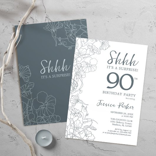 Slate Blue White Botanical Surprise 90th Birthday Kaart