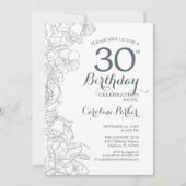 Slate Blue White Floral 30th Birthday Party Kaart (Voorkant)