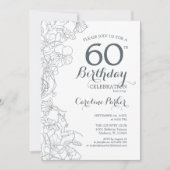 Slate Blue White Floral 60th Birthday Party Kaart (Voorkant)