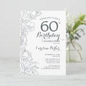 Slate Blue White Floral 60th Birthday Party Kaart (Staand voorkant)