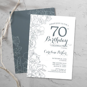 Slate Blue White Floral 70th Birthday Party Kaart