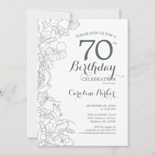 Slate Blue White Floral 70th Birthday Party Kaart (Voorkant)
