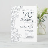 Slate Blue White Floral 70th Birthday Party Kaart (Staand voorkant)