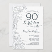 Slate Blue White Floral 90th Birthday Party Kaart (Voorkant)
