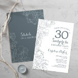 Slate Blue White Surprise 30e verjaardag party Kaart<br><div class="desc">Slate Blue White Surprise 30th Birthday Party Invitation. Minimalistisch modern design met botanische accenten en lettertype typografie. Floral nodigt een perfecte kaart uit voor een stijlvolle vrouw verrassing op feestdag. Kan op elke leeftijd worden aangepast.</div>