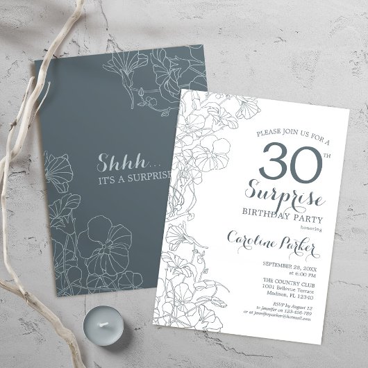 Slate Blue White Surprise 30e verjaardag party Kaart