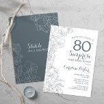 Slate Blue White Surprise 80th Birthday Party Kaart<br><div class="desc">Slate Blue White Surprise 80th Birthday Party Invitation. Minimalistisch modern design met botanische accenten en lettertype typografie. Floral nodigt een perfecte kaart uit voor een stijlvolle vrouw verrassing op feestdag. Kan op elke leeftijd worden aangepast.</div>