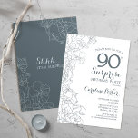 Slate Blue White Surprise 90th Birthday Party Kaart<br><div class="desc">Slate Blue White Surprise 90th Birthday Party Invitation. Minimalistisch modern design met botanische accenten en lettertype typografie. Floral nodigt een perfecte kaart uit voor een stijlvolle vrouw verrassing op feestdag. Kan op elke leeftijd worden aangepast.</div>