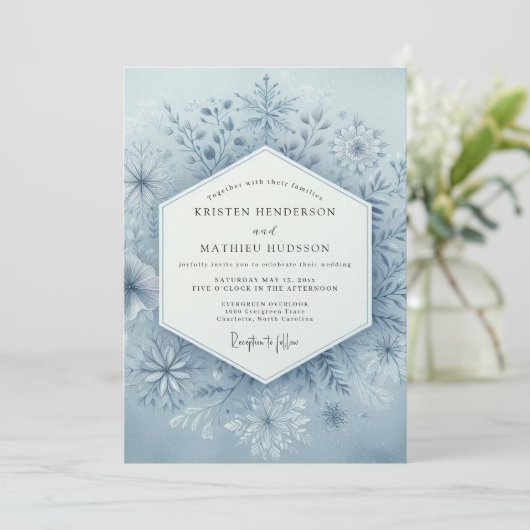 Slate Blue Winter Bloom Wedding Kaart (Staand voorkant)
