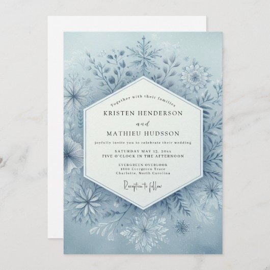 Slate Blue Winter Bloom Wedding Kaart (Voorkant / Achterkant)