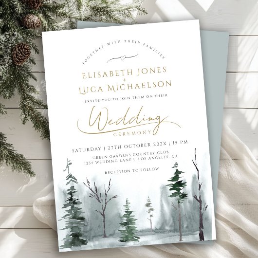 Slate Blue Winter Landschap Pine Woodland Wedding Kaart
