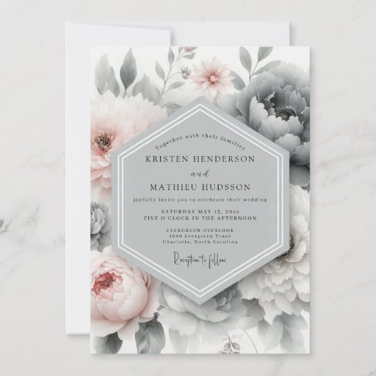 Slate Blush Painterly Peony Wedding Kaart (Voorkant)