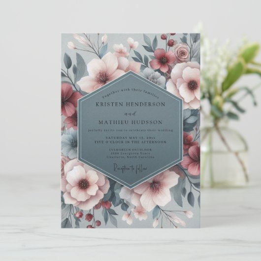 Slate Blush Pastoral Bloom Wedding Kaart (Staand voorkant)