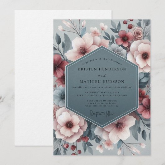 Slate Blush Pastoral Bloom Wedding Kaart (Voorkant / Achterkant)