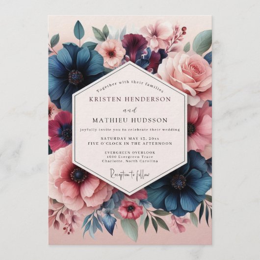 Slate Blush Romantic Bloom Wedding Kaart (Voorkant)
