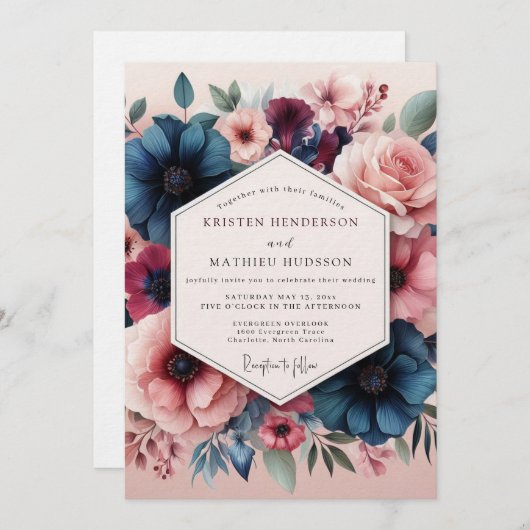 Slate Blush Romantic Bloom Wedding Kaart (Voorkant / Achterkant)