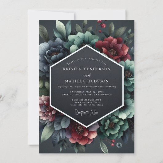 Slate Burgundy Baroque Bloom Wedding Kaart (Voorkant)