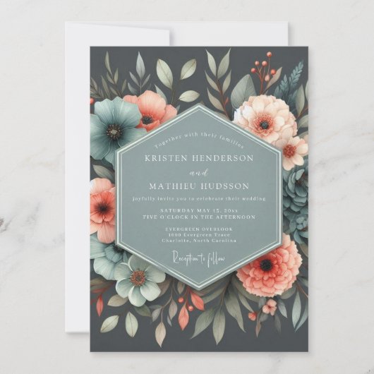 Slate Coral Botanical Wedding Kaart (Voorkant)