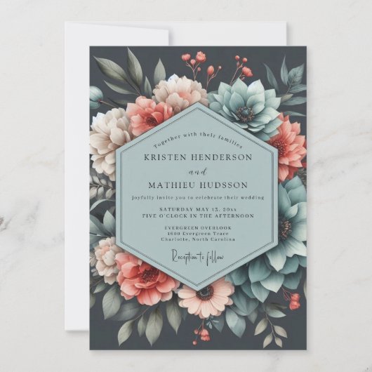 Slate Coral Moody Bloom Wedding Kaart (Voorkant)