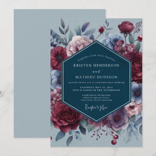 Slate Crimson Somber Flora Wedding Kaart (Voorkant / Achterkant)