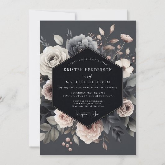 Slate Dramatic Flora Wedding Kaart (Voorkant)