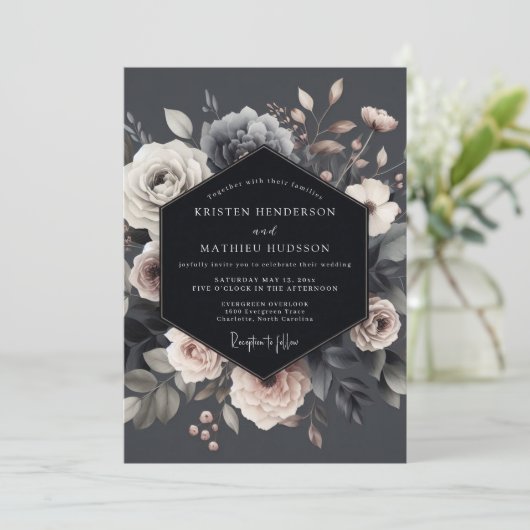 Slate Dramatic Flora Wedding Kaart (Staand voorkant)