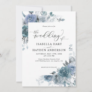 Slate Dusty Blue Boho Pastel Pampas Floral Wedding Kaart