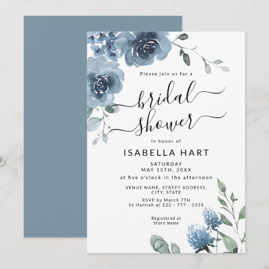 Slate Dusty Blue Floral Waterverf Vrijgezellenfees Kaart (Voorkant / Achterkant)