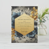 Slate & Gold Painterly Bloom Wedding Kaart (Staand voorkant)