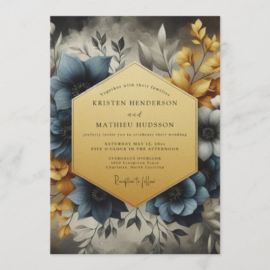 Slate & Gold Painterly Bloom Wedding Kaart (Voorkant)